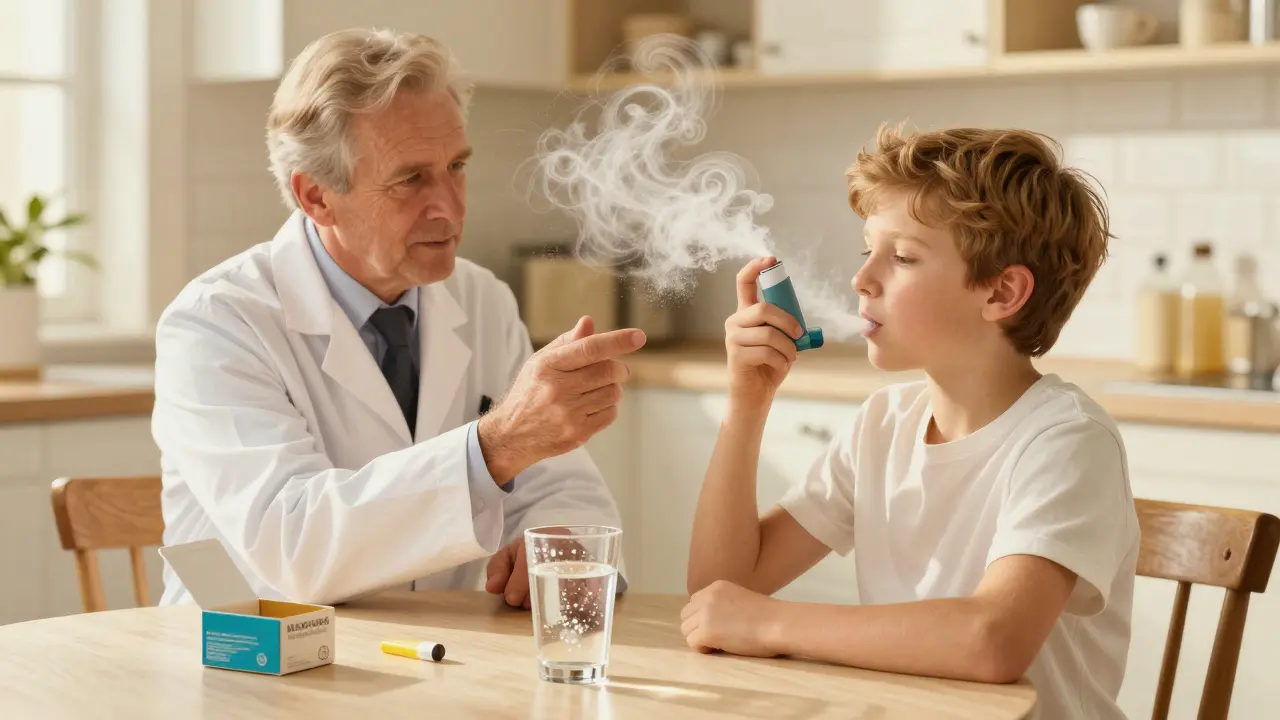 A pharmacist showing a boy how to use a dry powder inhaler at a sunlit kitchen table.
