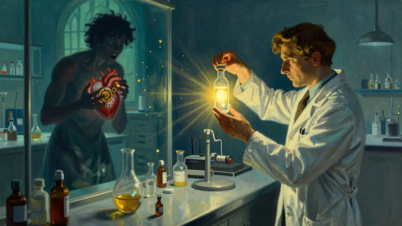 A scientist adjusting a glowing thyroid vial while an anxious shadow watches, with golden light and mechanical heart particles in a classical lab setting.