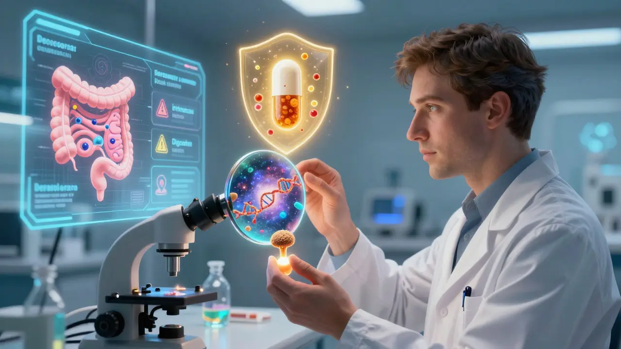 A scientist analyzing a glowing stool sample that reveals a microbial map guiding personalized drug metabolism.