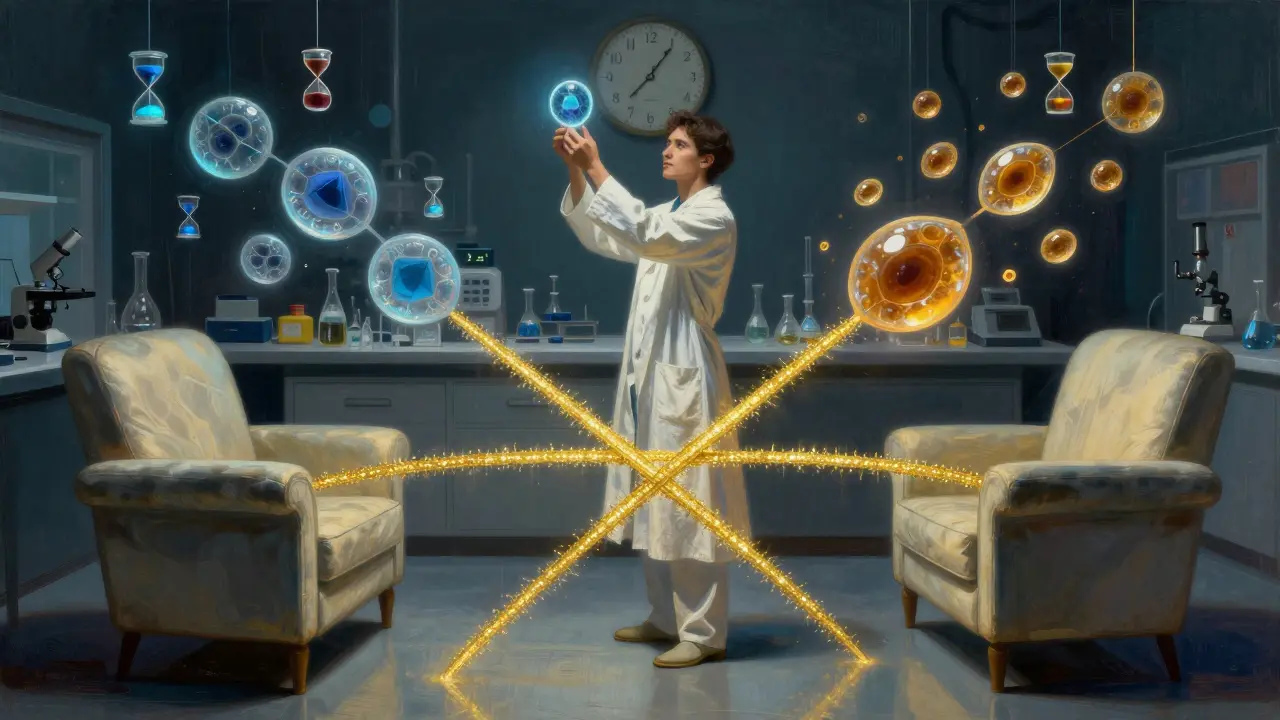 A scientist observing floating blood cells arranged in a golden 2x2 crossover pattern under soft light.