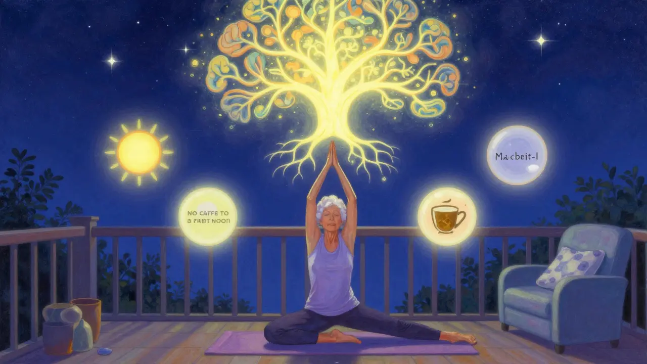 A senior woman does gentle yoga on a balcony under stars, surrounded by glowing symbols of healthy sleep habits.