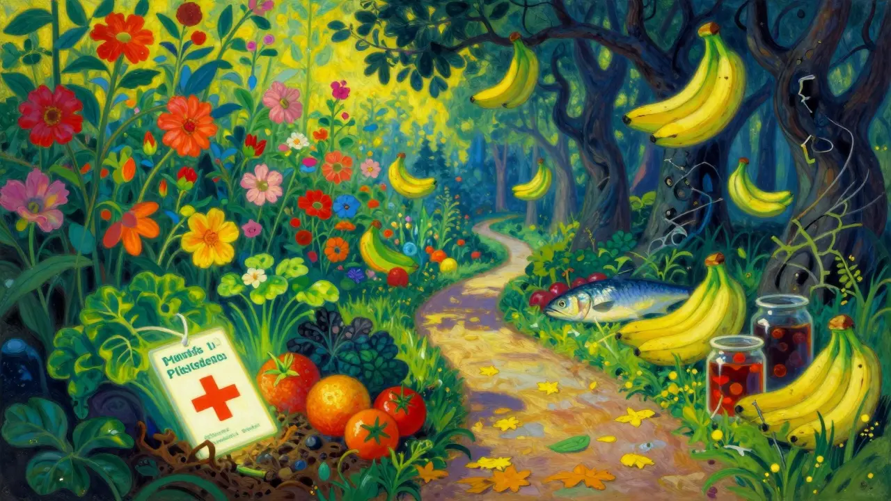 A symbolic garden with safe foods glowing brightly and dangerous fermented items twisted in shadow under luminous skies.