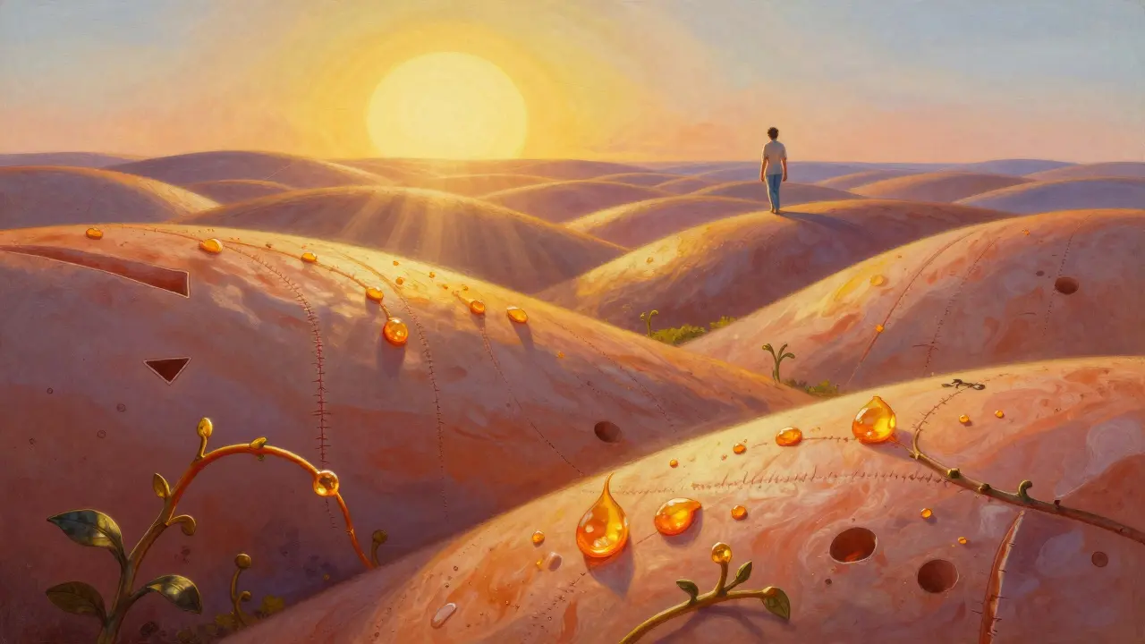 A symbolic landscape of skin terrain being healed by glowing silicone droplets and tretinoin vines under golden sunlight.