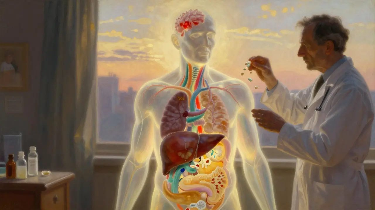 A translucent aging body with glowing organs and medication streams, being gently deprescribed by medical figures.