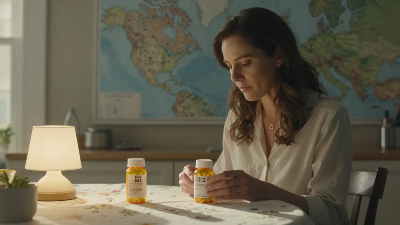 A woman comparing pill bottles from the U.S. and Canada on a sunlit kitchen counter.