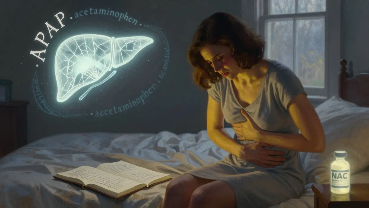 A woman in pain at dawn, skin yellowing, with a glowing fractured liver and 'APAP' glyphs above her, as an NAC vial glows nearby.