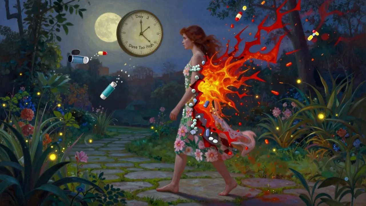 A woman walking through a twilight garden, half-transformed into medication particles, with floating pills and a celestial clock above.