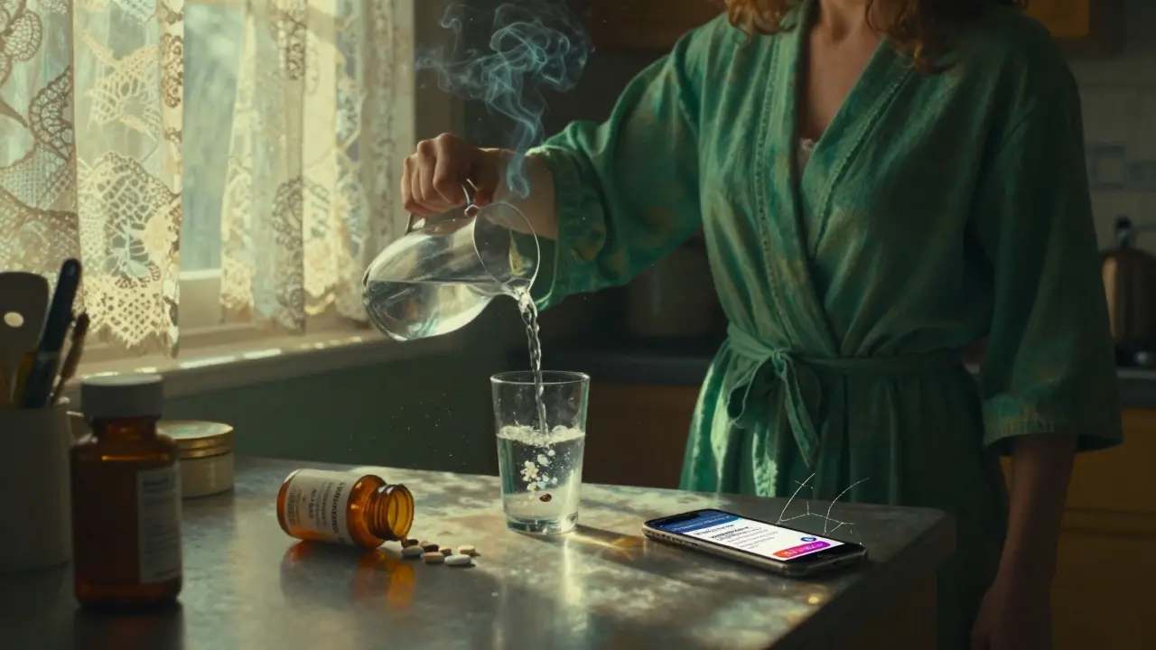 A woman watching a pill dissolve into smoke in a glass, with real insulin and a fake ad on her phone nearby.