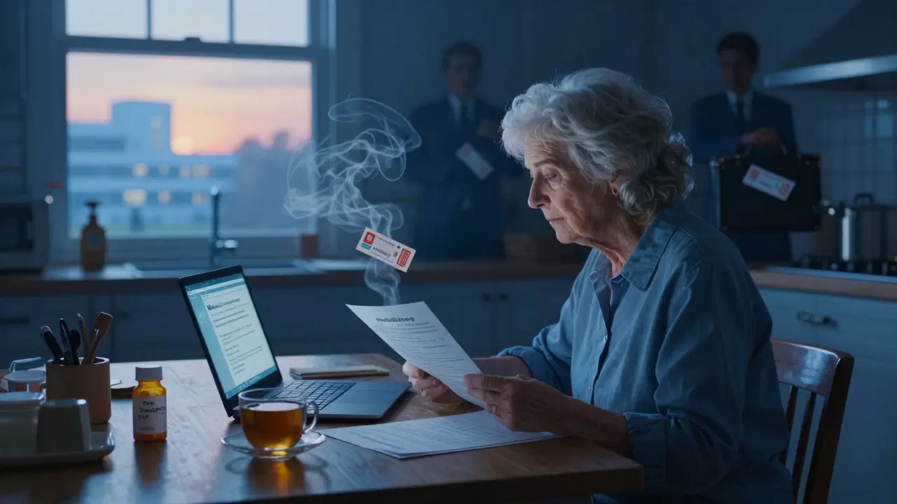 An elderly woman at dawn with medical documents and a free medication bottle, illuminated by soft blue light.
