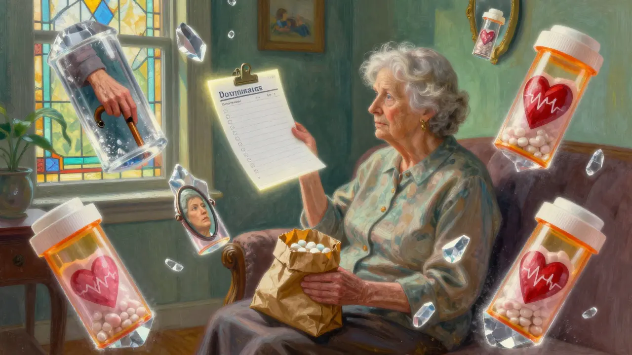 An elderly woman surrounded by glowing prescription fragments representing polypharmacy risks.