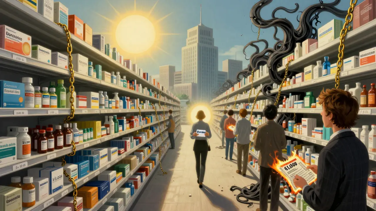 An infinite pharmacy aisle with affordable generics in sunlight and expensive brand drugs in shadow, linked by golden chains.