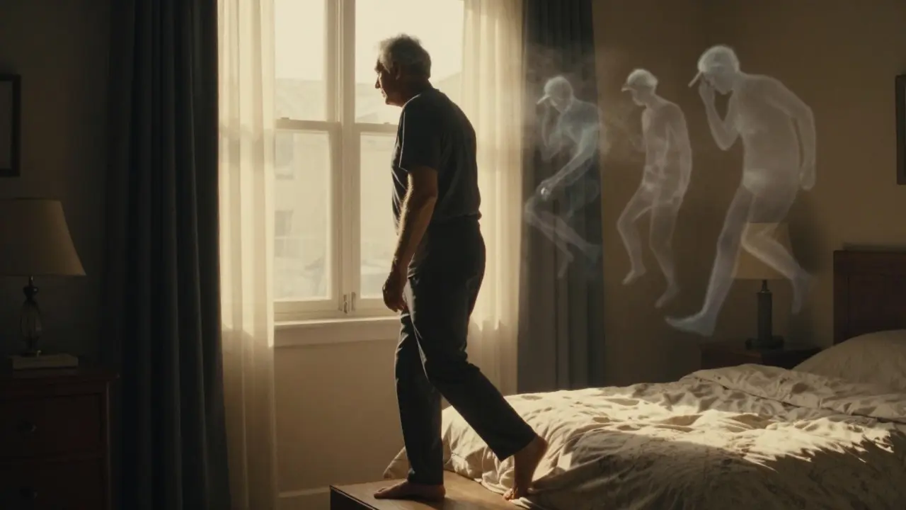 An older man walks calmly at dawn, dissipating shadows of dizziness as golden sunlight fills the room.