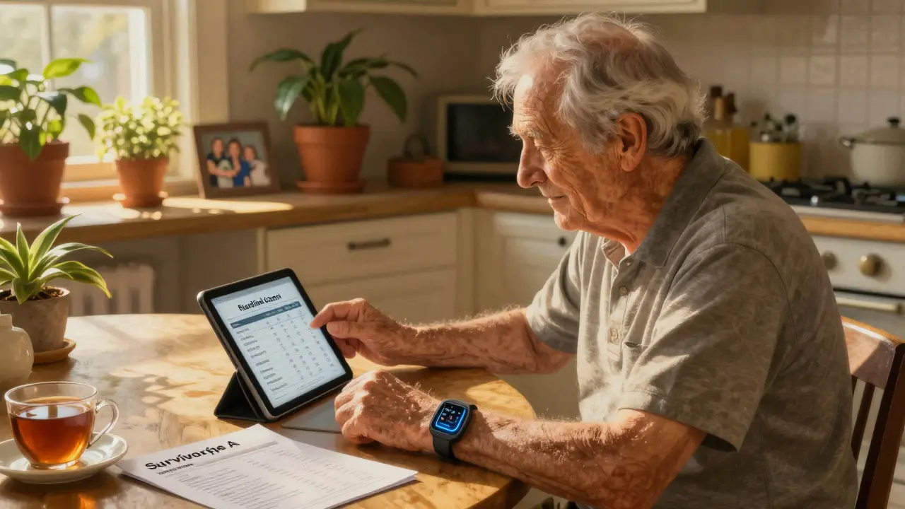 An older survivor reviews a digital risk score at a sunlit table with a wearable device nearby.
