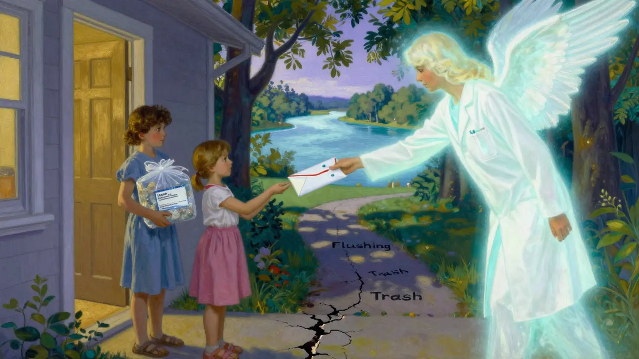 Family handing hazardous waste to a symbolic guardian figure, with clean nature beyond and dangerous paths behind.