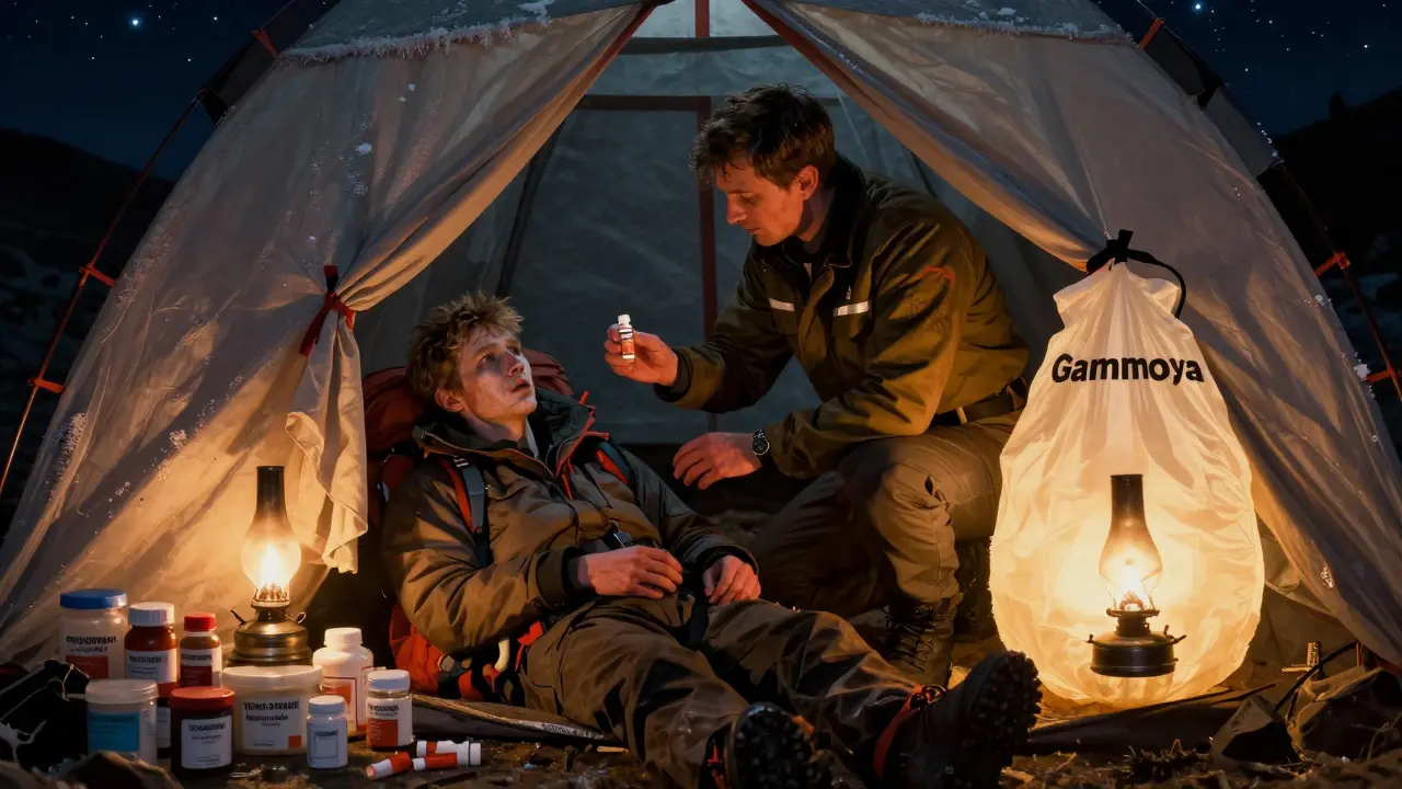 Medic assisting a sick trekker in a tent at high altitude, lit by oil lamp with Gammow Bag nearby.