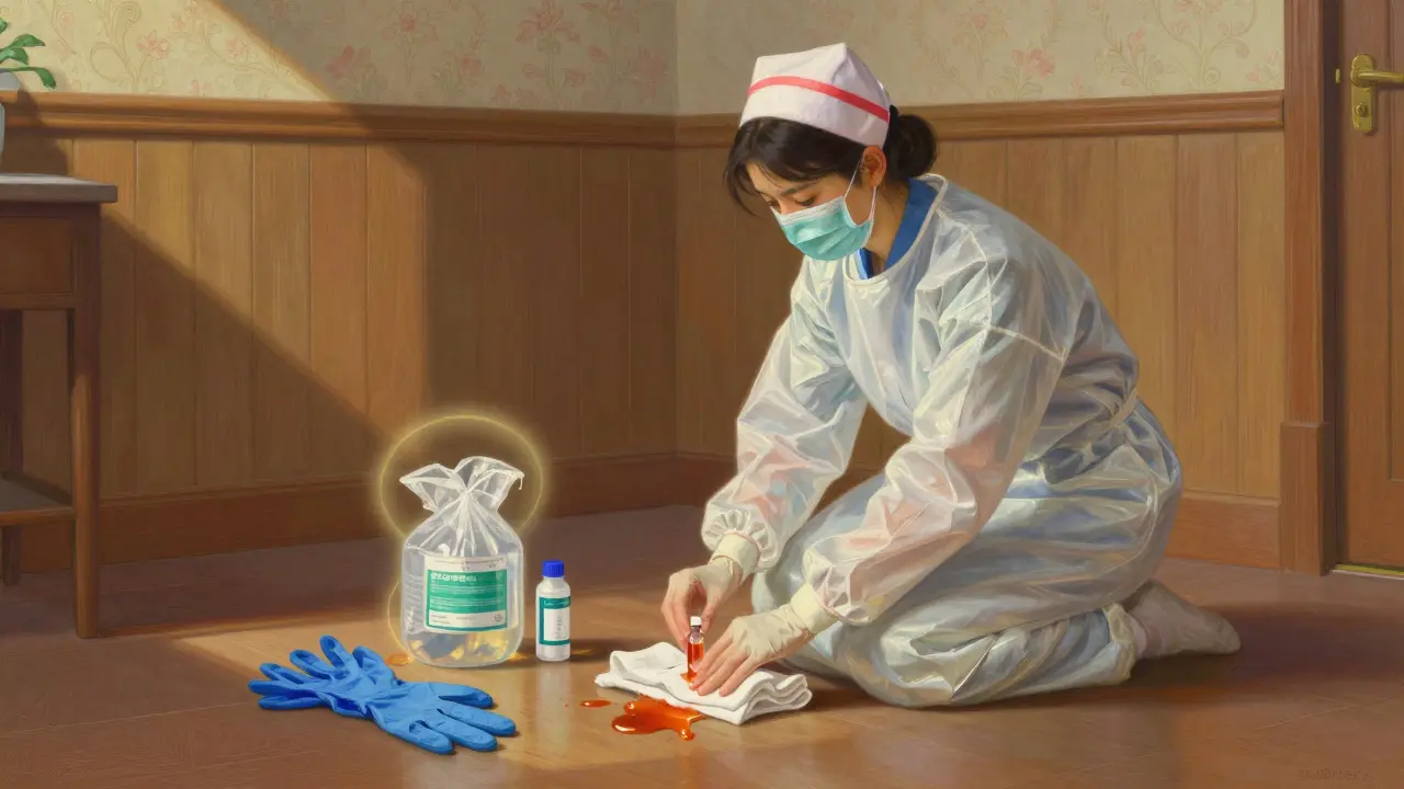 Nurse carefully cleaning a chemotherapy spill with protective gear in a sunlit home setting.