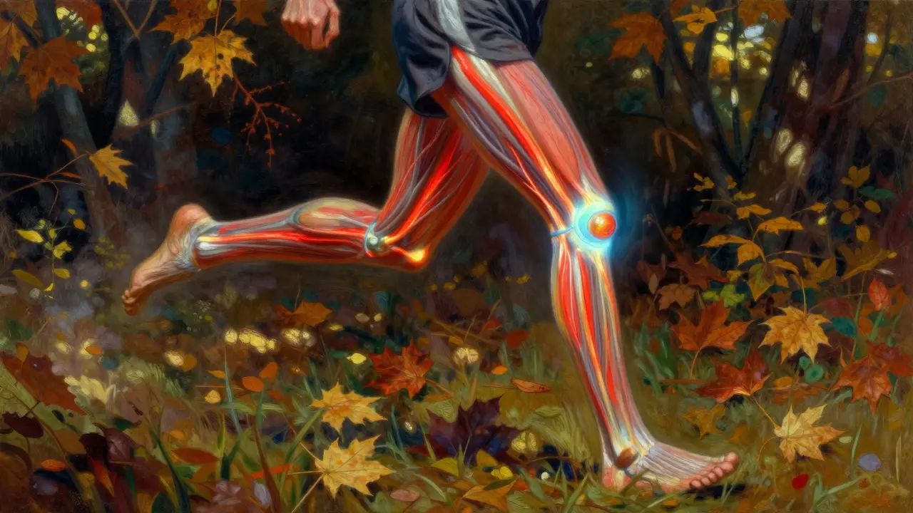 Runner with glowing inflamed Achilles tendon and bursa, surrounded by autumn leaves and sunlight.