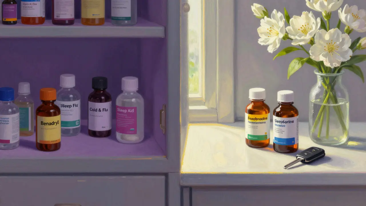 Split scene: cluttered medicine cabinet vs. clean counter with safe antihistamines and car keys.