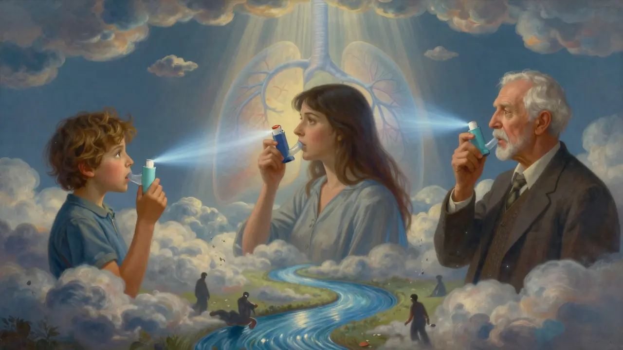 Three people using different inhalers in a dreamlike landscape with glowing airways.