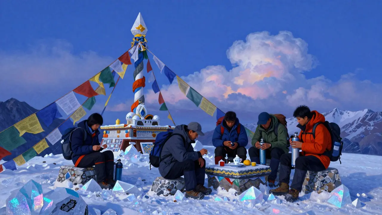 Trekkers resting at a mountain shrine with oxygen canister and prayer flags under twilight skies.