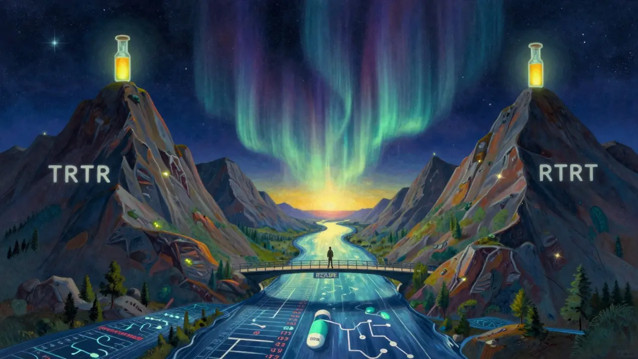 Twin mountains representing replicate designs with glowing vials and aurora-like equivalence ranges.