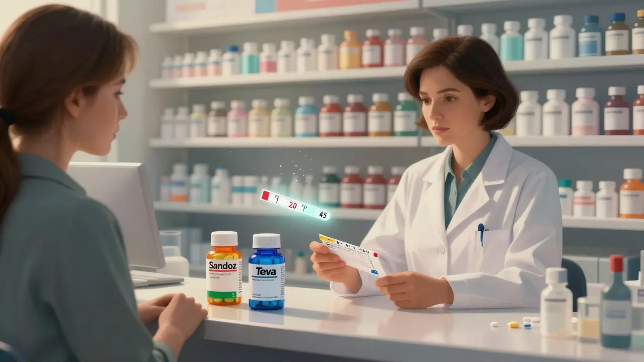 Two different generic warfarin pill bottles sit side by side at a pharmacy counter, with a floating INR test strip showing fluctuating values.