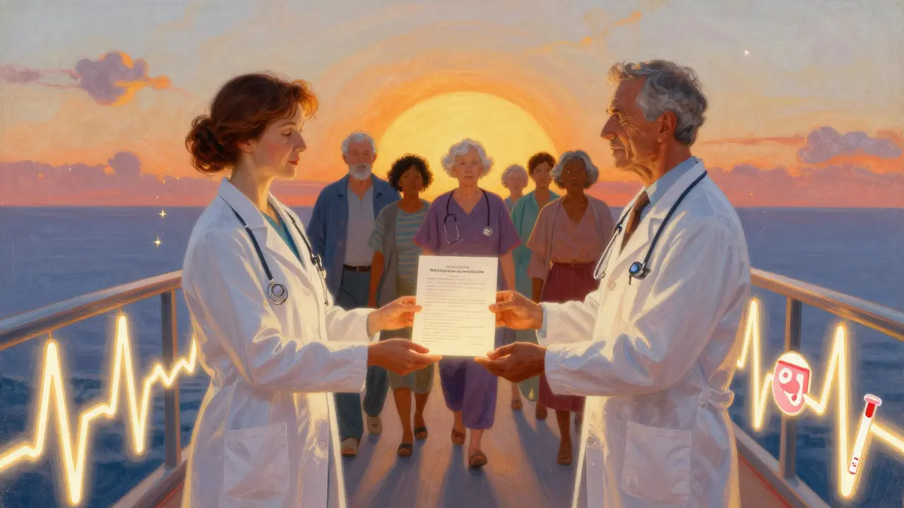 Two doctors exchange a care plan on a bridge of medical icons as survivors walk toward sunrise.