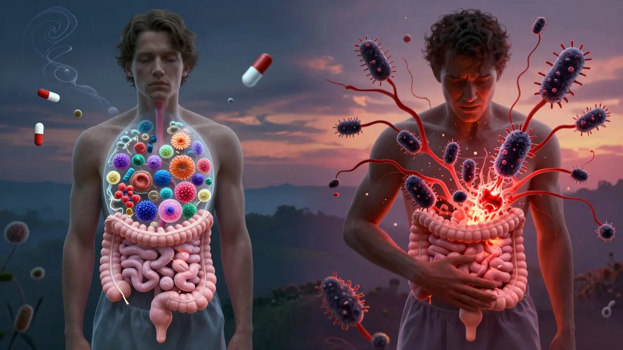 Two patients with contrasting gut ecosystems—one harmonious, one toxic—illustrated in ethereal, painterly detail.