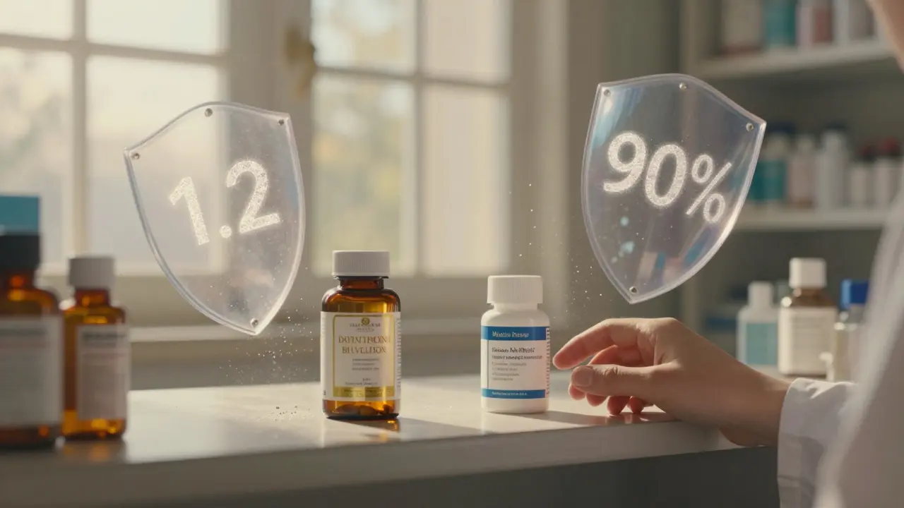 Two pill bottles on a shelf—one brand, one generic—with shattering patents and sunlight casting price-drop symbols in the air.