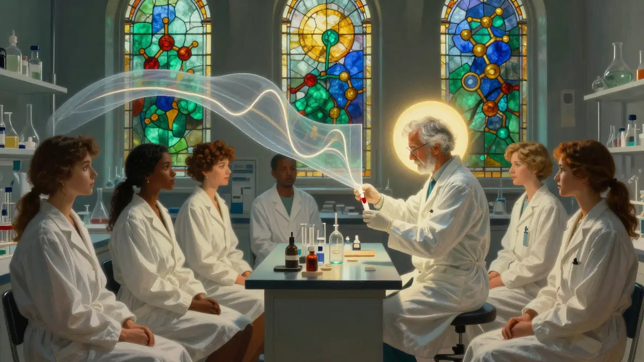 Volunteers and a scientist in a luminous lab at dawn, with floating absorption curves and stained-glass molecular windows.