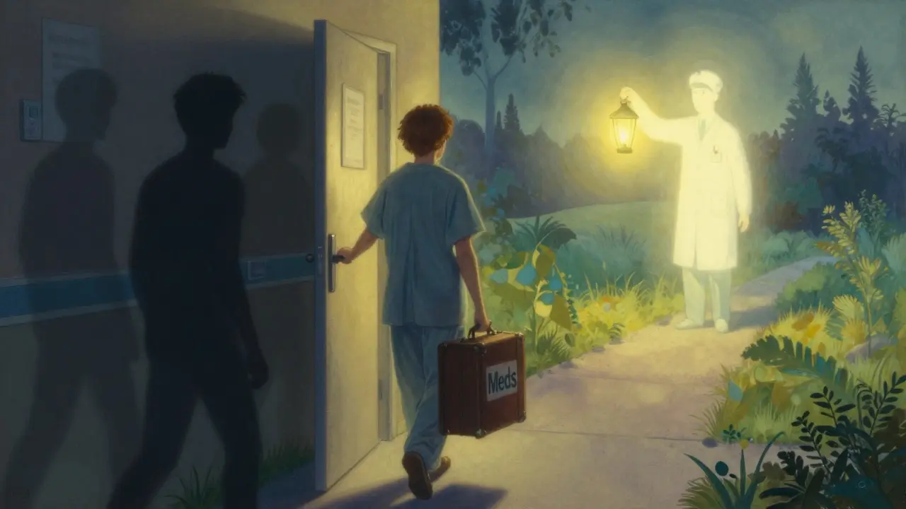 A patient leaving a hospital with shadowy medication risks behind them, guided by a glowing pharmacist with a lantern.