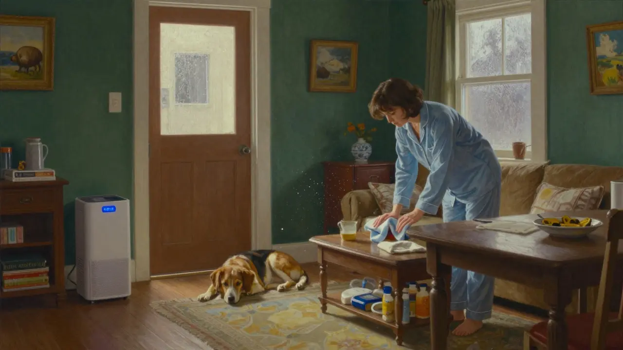 A person cleaning surfaces with a damp cloth while pets stay outside the main living zone.