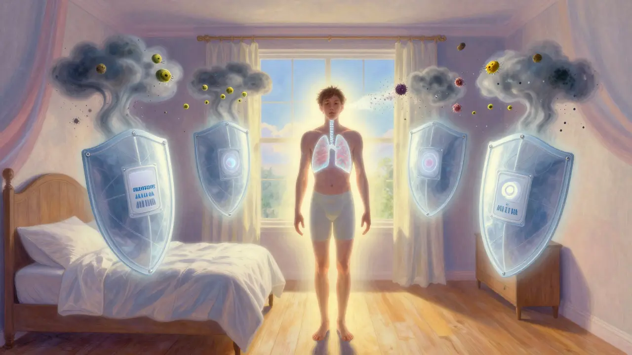 A person surrounded by glowing shields representing allergen control measures, with pollutants dissolving in light.