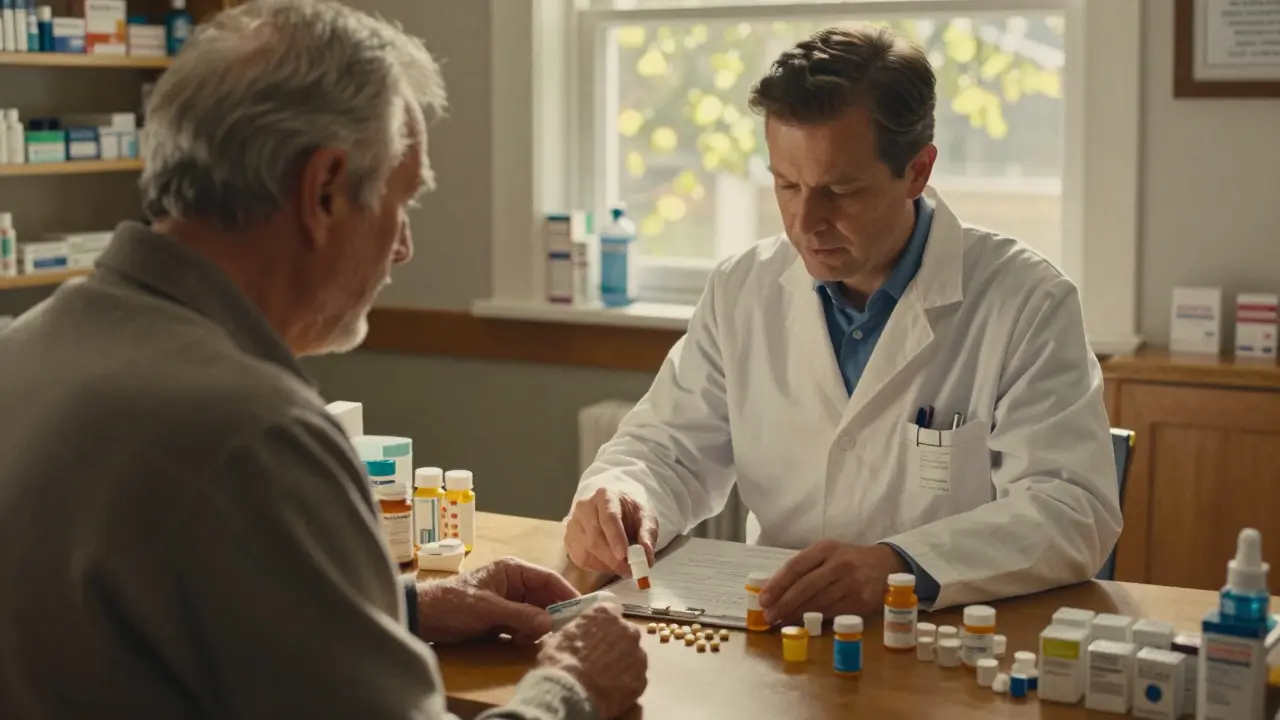 A pharmacist and senior reviewing medication charts in a warm, glowing pharmacy, one pill being removed.