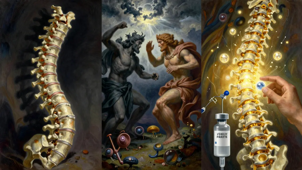 A triptych showing bone damage, cellular conflict, and bone restoration through calcium, vitamin D, and IV treatment in luminous detail.