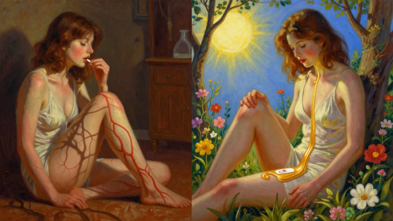 A woman comparing oral pills with transdermal gel, one side shadowed with clot risks, the other glowing with health.