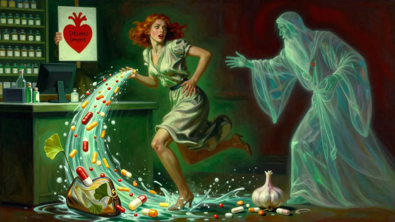 A woman overwhelmed by glowing supplements spilling from her purse, with a pharmacist and warfarin guardian figure in the background.
