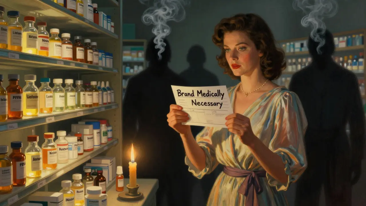 A woman stands before glowing vials of critical medications, holding a prescription that reads 'Brand Medically Necessary' under golden light.