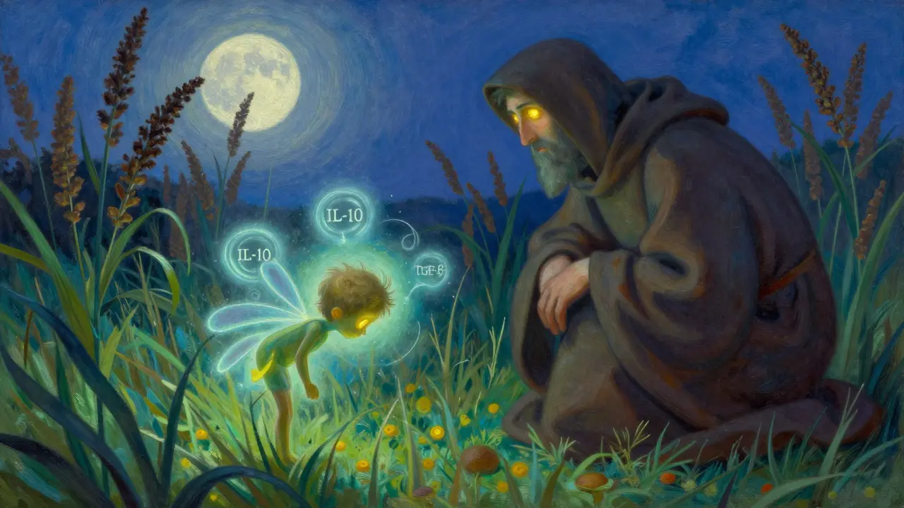 An allegorical scene of a guardian and pollen sprite in peaceful negotiation, surrounded by symbols of anti-inflammatory signals.