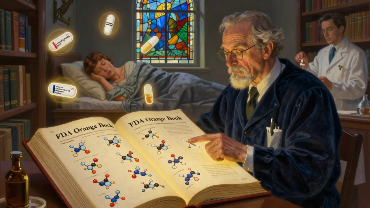 An elderly doctor pointing to an illuminated book showing identical drug molecules, with therapeutic pills glowing in a stained-glass window.
