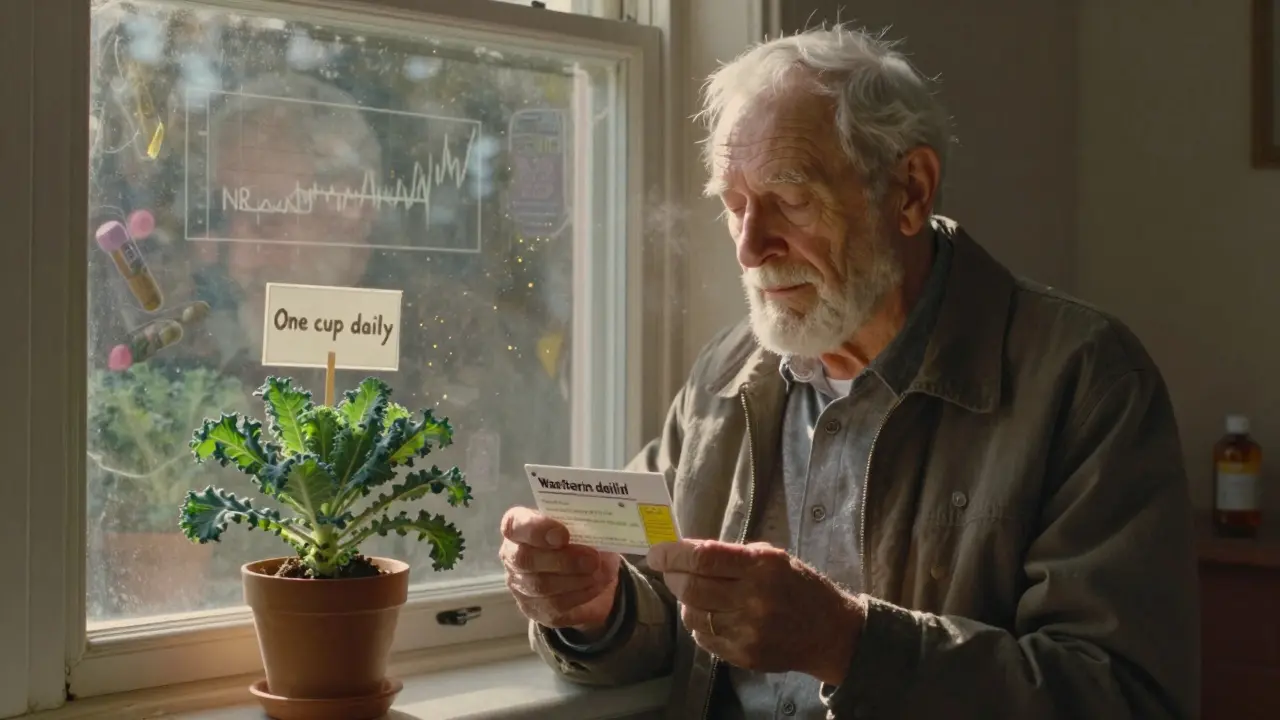 An elderly man holding a warfarin card beside a single kale plant, sunlight highlighting disciplined daily care.