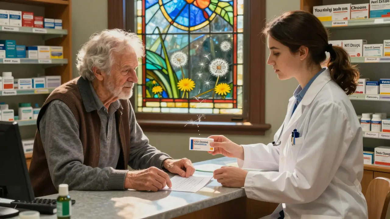 An elderly patient hands a doctor’s note to a kneeling pharmacist, who returns the brand-name drug with respect in a sunlit pharmacy.