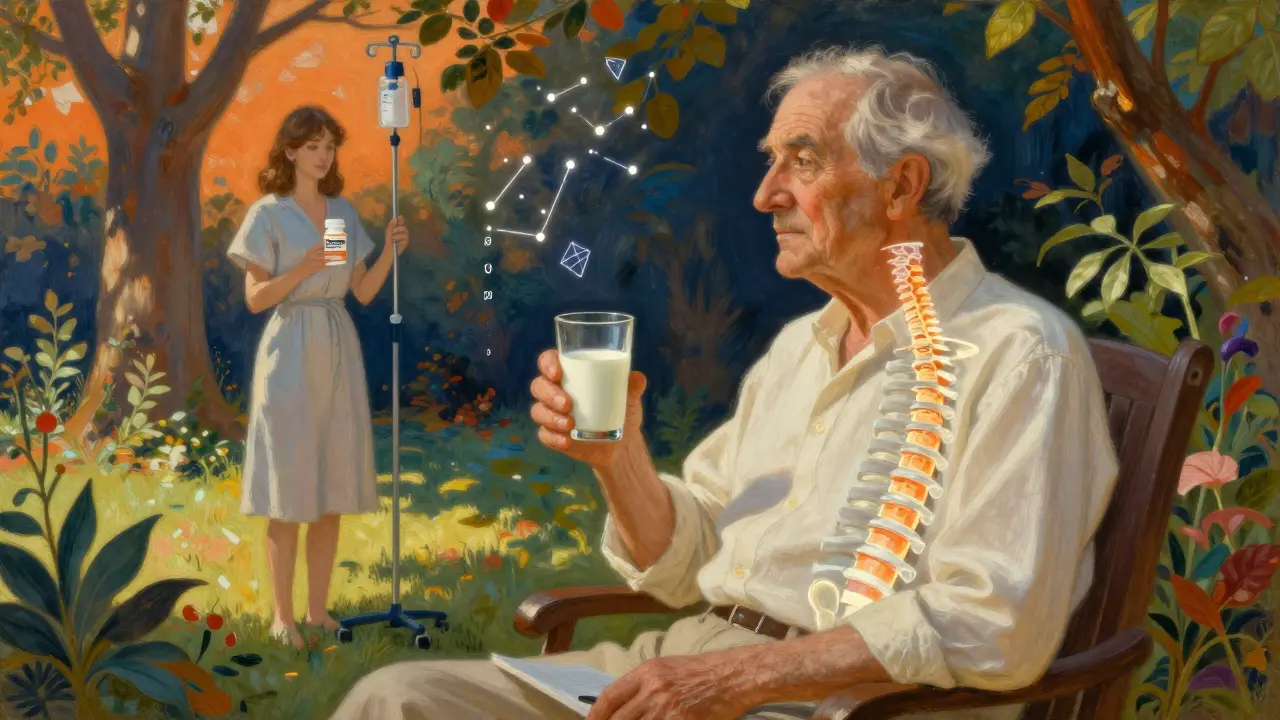 An elderly person in a sunlit garden with a bisphosphonate pill and IV infusion, surrounded by glowing bone structure and botanical details.