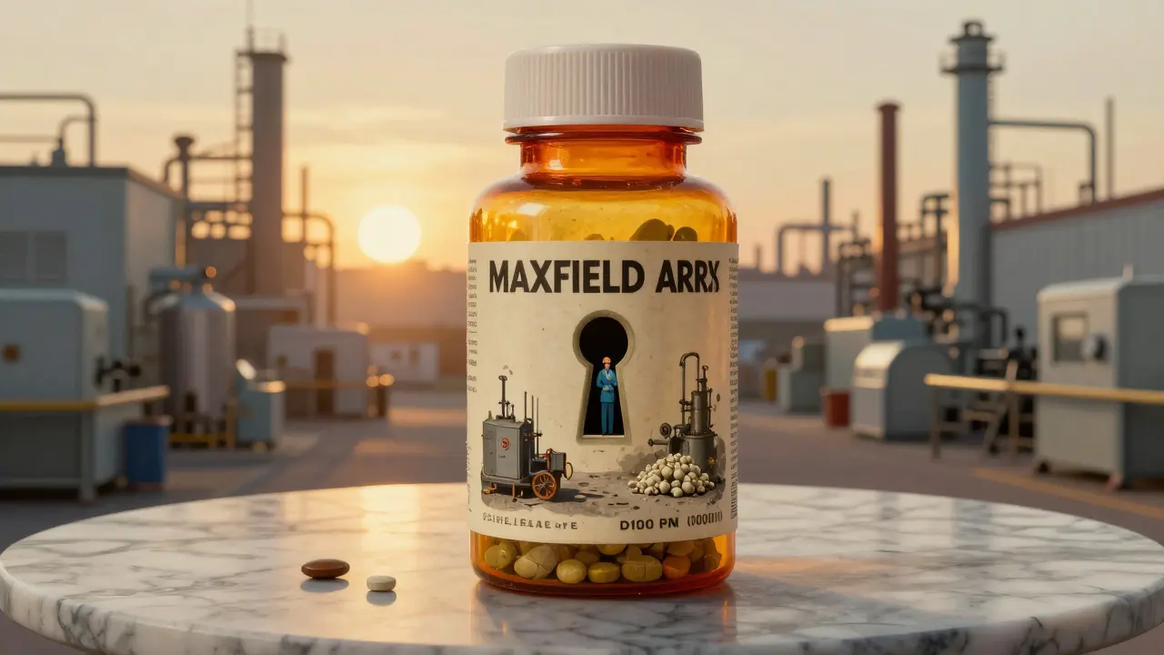An oversized pill bottle reveals a surreal landscape of crumbling machinery and a lone inspector peering through a keyhole.