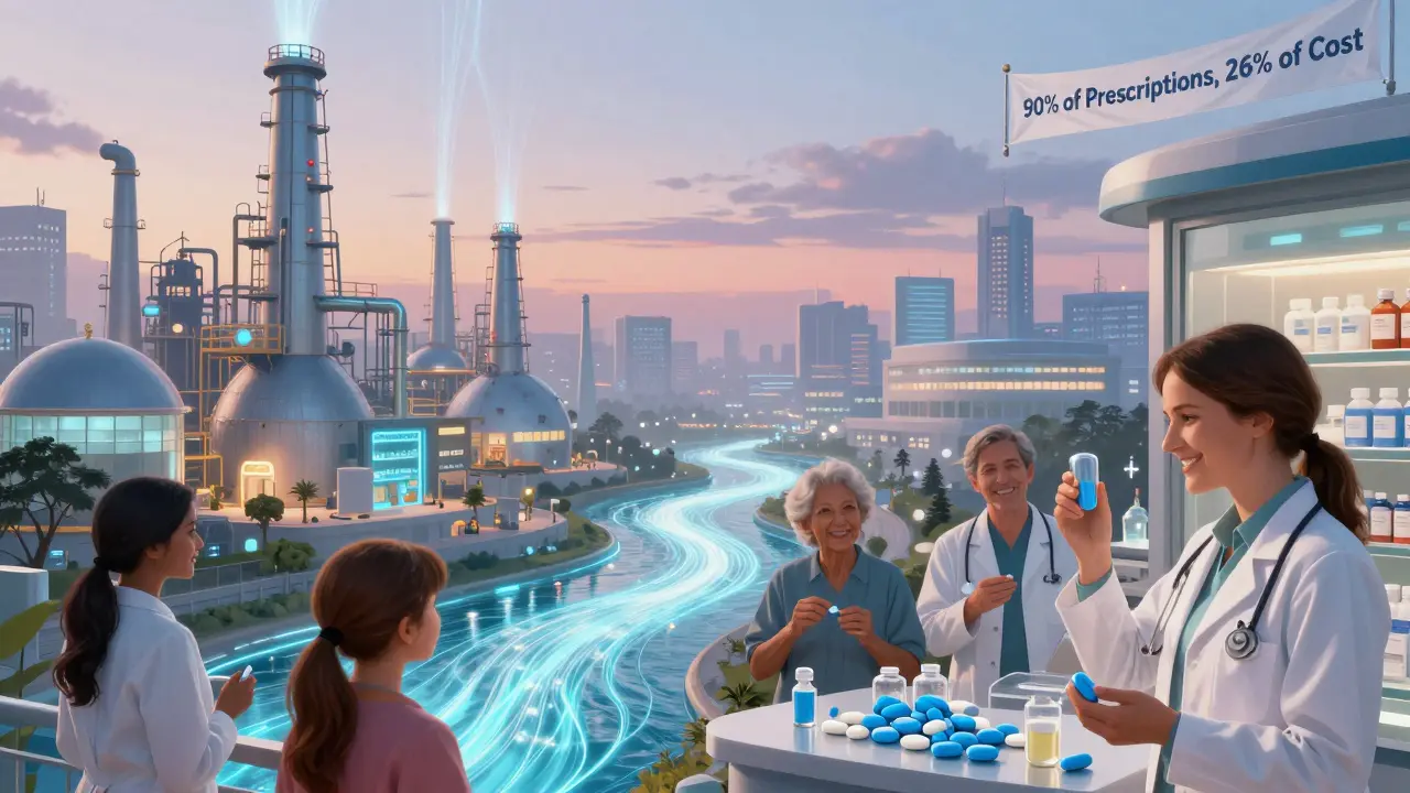 Factories overseas sending pharmaceutical streams to U.S. pharmacies, with diverse patients receiving pills under a celestial dawn.