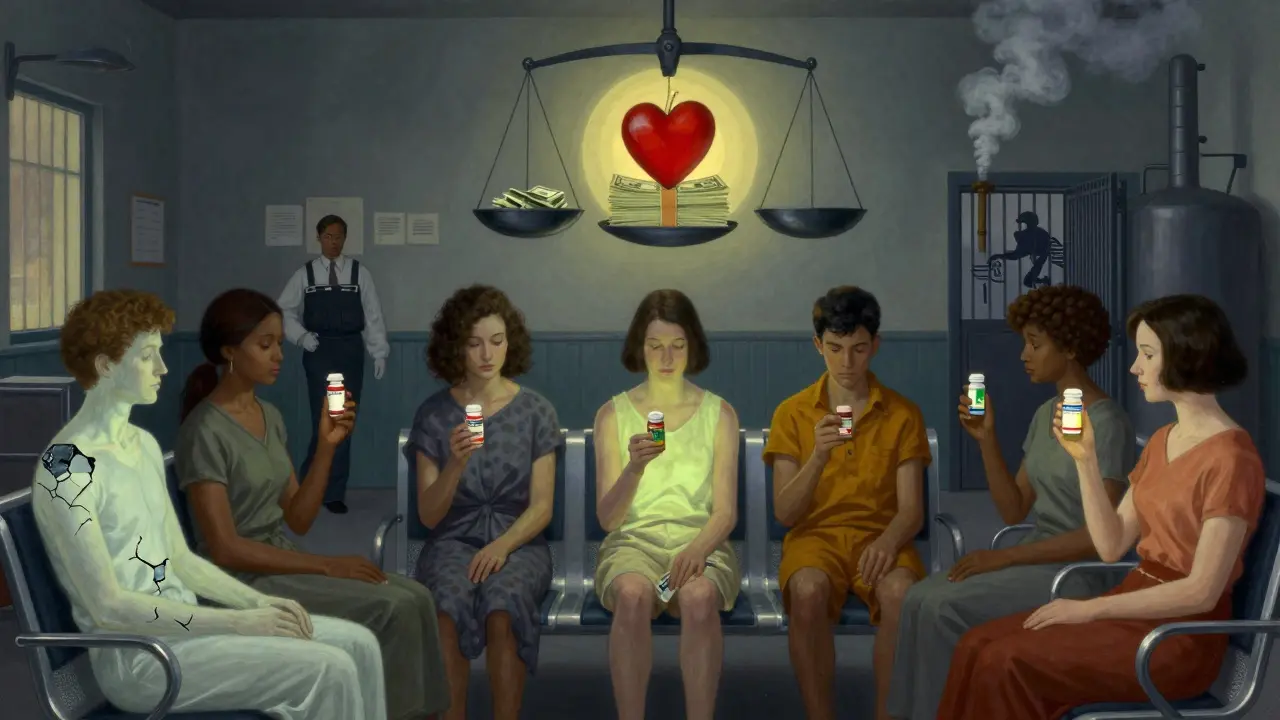 Patients hold generic medications with glowing tones, while a celestial scale balances money against a heart.