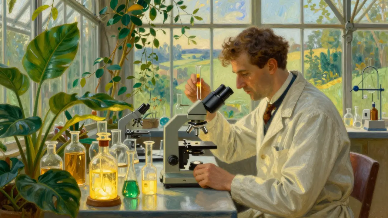 Scientists testing drug stability in a sunlit greenhouse laboratory