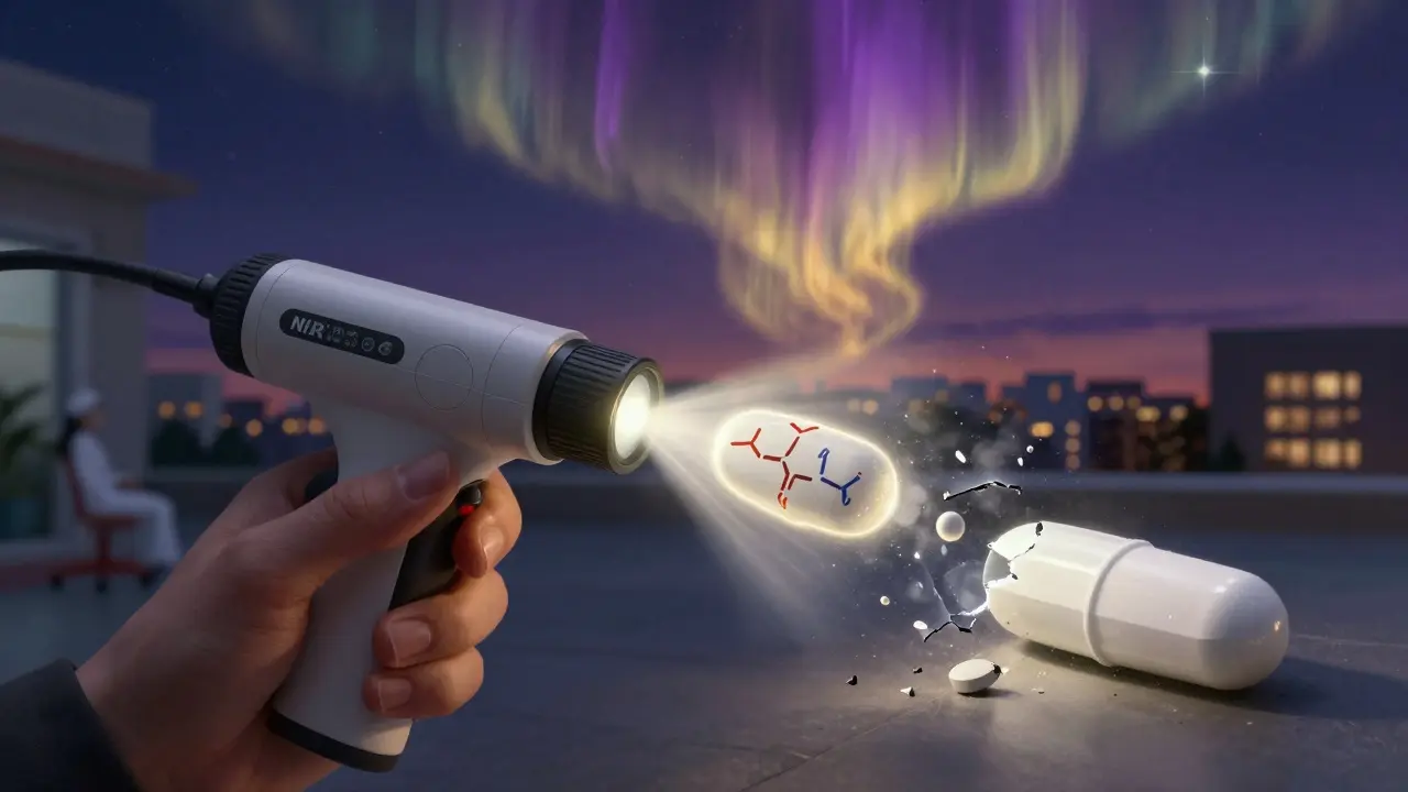 A handheld device emitting light onto a pill, showing its chemical authenticity as a radiant aura.