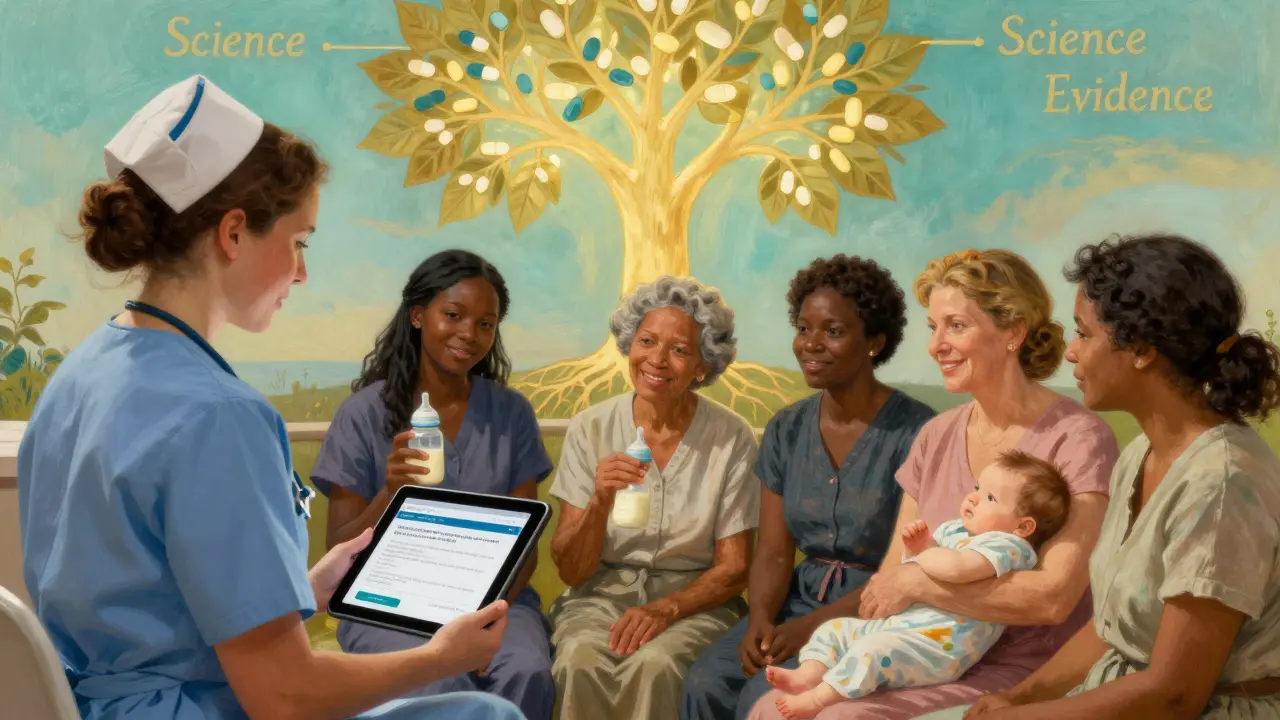 A nurse showing a tablet to mothers, with a glowing milk tree mural in the background.