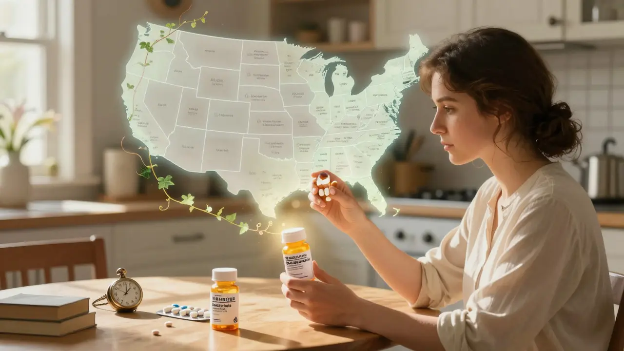 A patient holds two pill bottles as a glowing map shows their shared origin, surrounded by delicate vines.